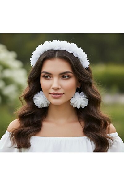 BTRENDY Çiçekli beyaz taç ve küpe seti,anne,çocuk,lohusa,nedime,kına,bride