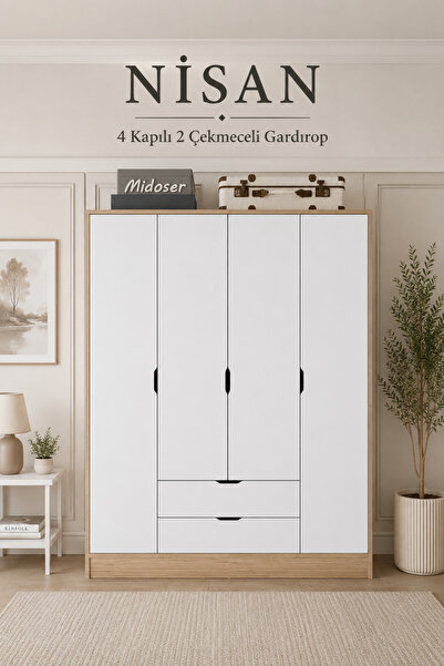 midoser Nisan Açık Ceviz-beyaz 140 Cm 4 Kapılı 2 Çekmeceli Elbise Dolabı - Ga...