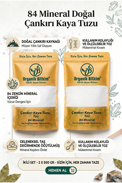 OB Organik Bitkim 84 Mineral Doğal Çankırı Kaya Tuzu Taş Değirmende Öğütülmüş 2 X 500 gr