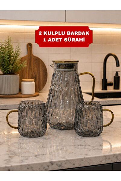 isra kristal Kristal Desenli Füme Renkli Cam Su Takımı – 1 Sürahi + 2 Kulplu ...