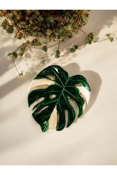 Lilibin Bohem El Yapımı Albino Deve Tabani Monstera Duvar Süsü 13 x 11.5 cm