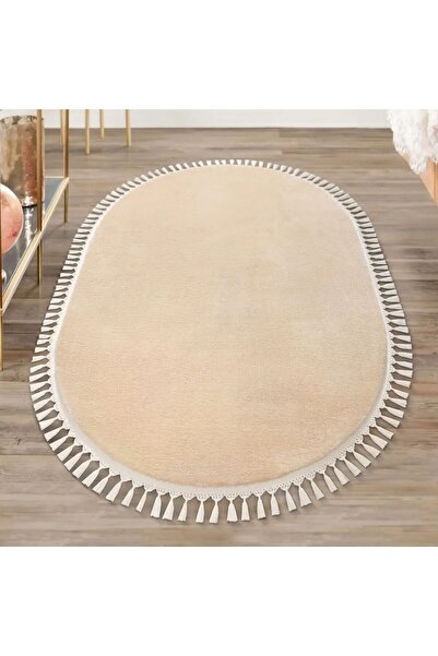 Valery Home Vl Oval Comfort Ponpon Saçaklı Peluş Halı Bej