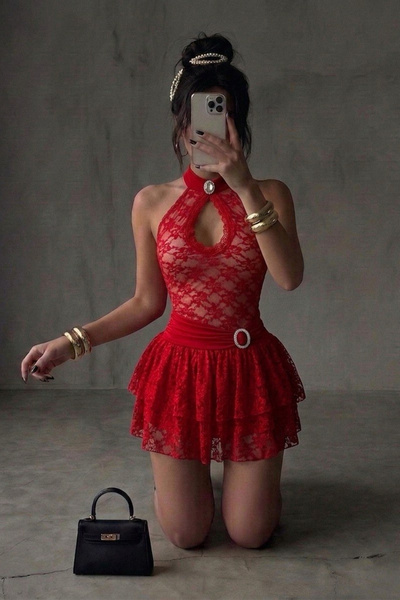 Vavelsa Halter Neck Lace Flared Mini Dress with Accessory Detail and Transpar...