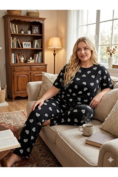 PİJAMOOD Kadın Battal Beden Kısa Kollu Baskılı Pijama Takımı