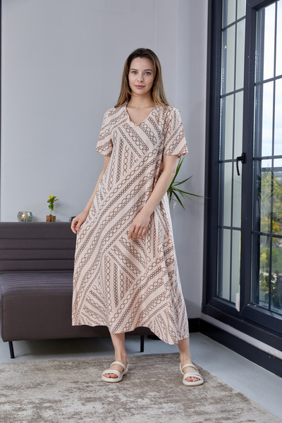 Nuevo Women's Nude Tone Chain Patterned V-Neck Short Sleeve Long Dress Casual...