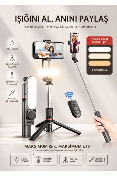 Asfal Işıklı 3 Renkli Uzaktan Kumandalı 110 Cm Tripod, Özçekim Ve Selfie Çubu...