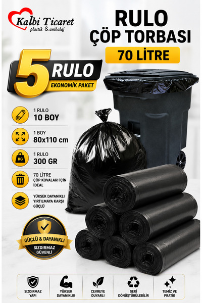 Kalbi Ticaret Kalın Çöp Torbası 300 gr X 5 Rulo Siyah Çöp Poşeti 80x110 Cm Ju...