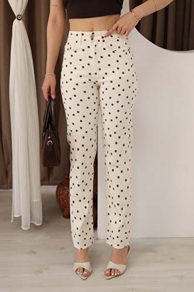 deqfashion Women's White Brown Polka Dot High Waist Lycra Boyfit Cropped Leg ...