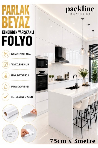 Packline Marketing Sjajna bela lepljiva folija za kuhinjske ormariće i prekri...