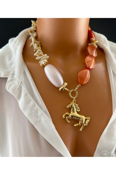 Limi Design Zerith Glow Design Necklace,Orange Necklace,Horse Accessory Necklace,Trend Jewelry,Bohemian Summer Jewelry