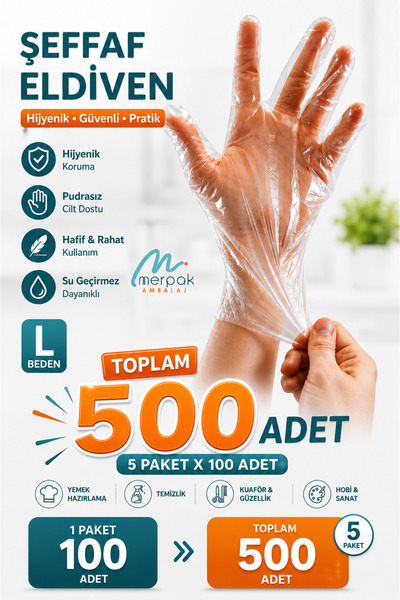 Merpak Ambalaj Şeffaf Eldiven 5 X 100'lü Poşet Hışır Eldiven Paket