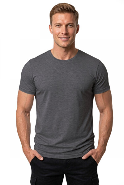 DeepSEA Erkek Antrasit Slim Fit %90 Pamuk Likralı Yumuşak Dokulu Basic Tişört 1801131