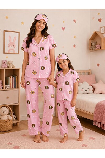 tusem butik homewear Комплект пижами за майка и дъщеря от памук, розов, с дес...