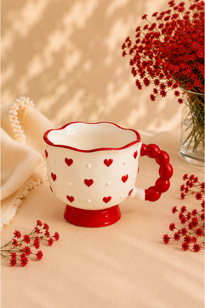 Çağ Seramik Heart Patterned Handmade Ceramic Mug – Cream Coffee Cup with Red ...
