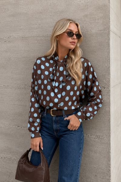 Black Fashion Puantiye Desen Fular Detay Kahverengi Gömlek