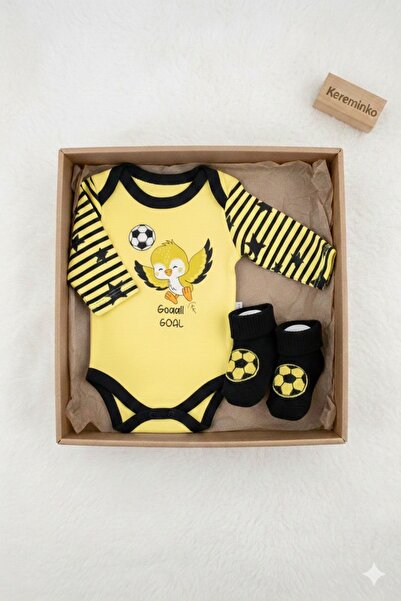 Kereminko Bebek Yellow Navy Blue Baby Bodysuit and Socks Set – Kanarya Printe...