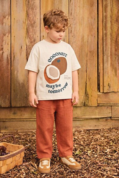 Cigit Organic Pantolonlu Coconut Baskılı T-Shırt Takım 3-10 Yaş Ekru