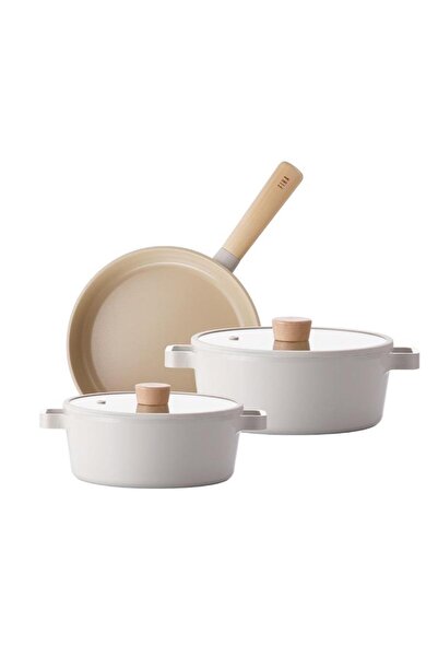 NEOFLAM Cast Iron Cookware Set 5 Pieces with Glass Lid Fika Beige