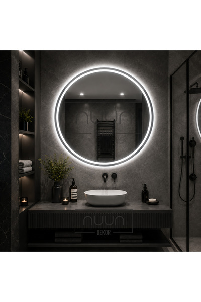 NUUN DEKOR 60cm Beyaz Ledli Ayna, Kumlamalı Yuvarlak Banyo Aynası Dekoratif D...