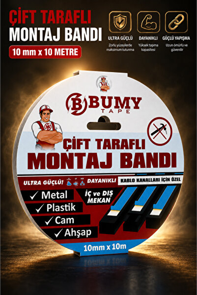 BUMY Çift Taraflı Montaj Bandı 10 mm x 10 METRE Güçlü Köpük Bantı (Kablo Kana...