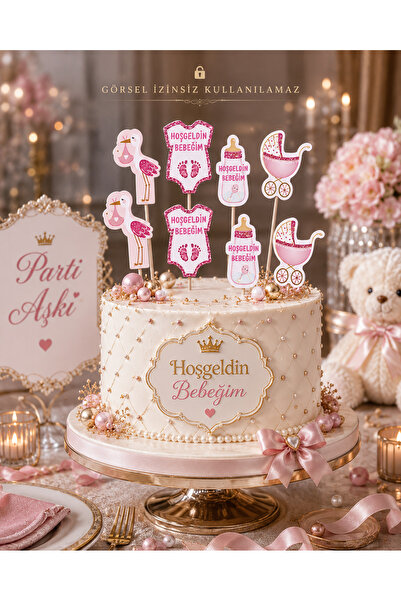 PARTİ AŞKI Pembe Renk Hoşgeldin Bebeğim Konseptli 8 Adet Pasta Kürdanı & Kız ...