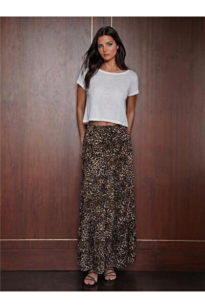 WeShaya C. Brown Patterned Viscose Textured Elastic Waist Long Skirt, 96 cm L...