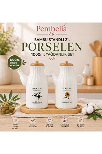 Kitchen Pembelia Bambu Standlı Etiketli 2’li Porselen 1000ml Yağdanlık Seti Y...