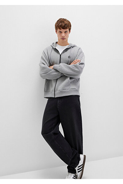 Mavi Mühür Logo Nakışlı Kapüşonlu Fermuarlı Gri Sweatshirt 066979-34686