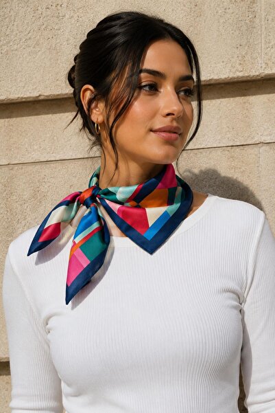 AFVENTE Modern Geometric Pattern Coral-Green Soft Bandana Scarf 50X50 cm