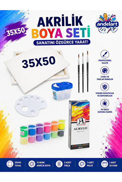 andelart Tuval Seti 35x50 cm - 12 Renk Akrilik Boya, Fırça Seti, Palet ve Su ...