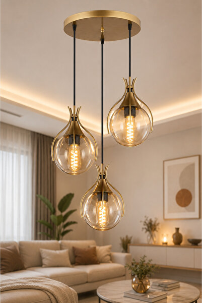 NisaLuce Nisa Luce Kınalı Modern 3 lü Bal Cam Avize • Salon Avize Tavan Avize...