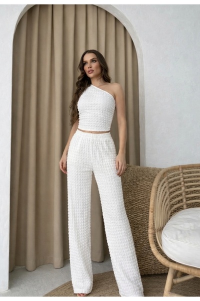Xenthe Ecru New Season Women's Gofrei Fabric One-Shoulder Blouse-Wide-Leg Pan...