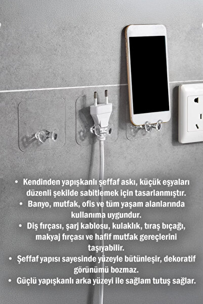 omilife 5'li Şeffaf Yapışkanlı Çok Amaçlı Askı, Diş Fırçası, Kablo ve Tıraş Bıçağı Tutucu
