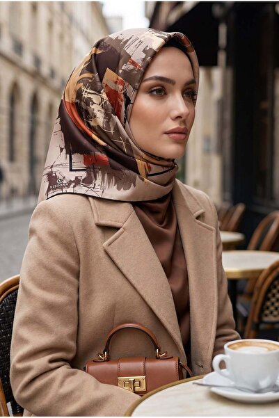 Vissona %100 Twill İpek Geometrik Desenli Bej - Taba Renkli 90x90 Eşarp Dikim...
