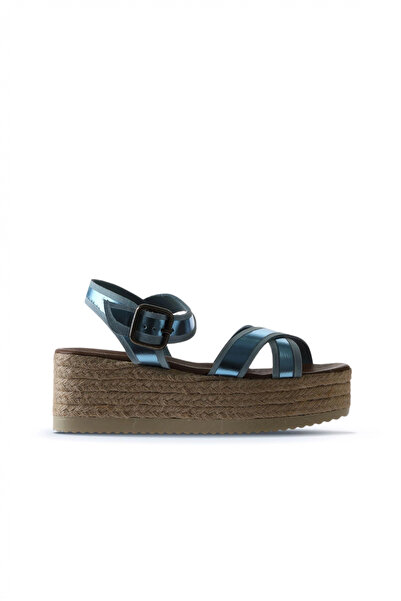 Bueno Shoes صندل إسبادريل نسائي بكعب عريض من الجلد اللامع باللون الأزرق 01wu6116
