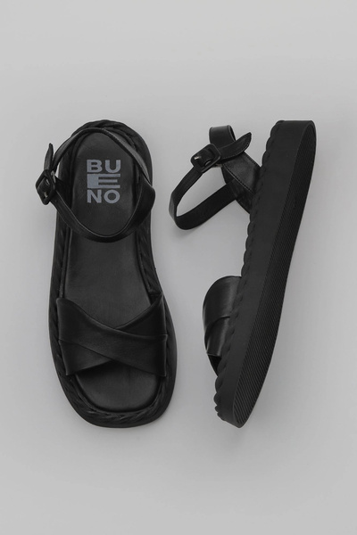 Bueno Shoes Black Leather Women's Flat Sandals 01Wy9102