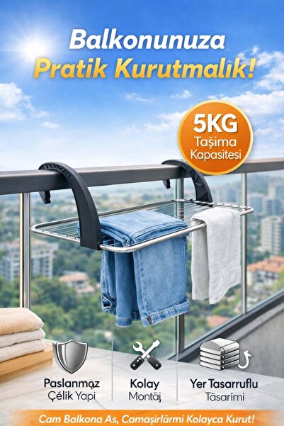 Bayev Dirsekli Balkon Kurutmalık Siyah - Balkon Askısı Çamaşırlık Balkon Demi...