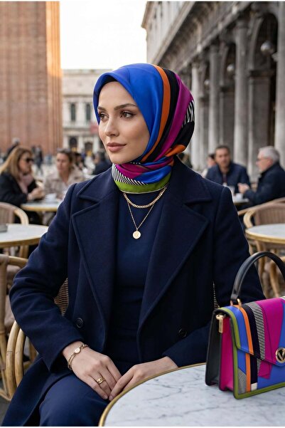 Vissona %100 Twill Renk Bloklu Çizgili Desenli Fuşya - Saks Renkli 90x90 Eşar...