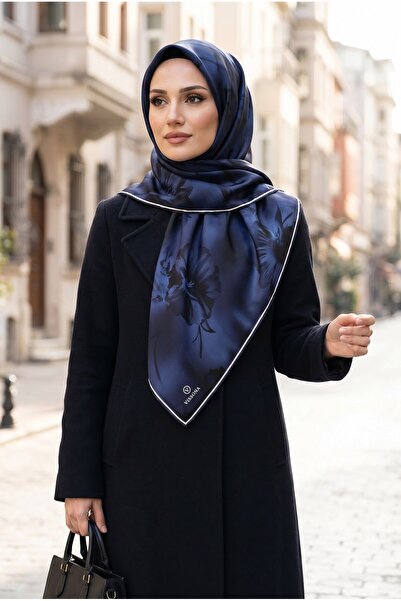 Vissona 100% Twill İpek Çiçek Desenli Lacivert Renkli 90x90 Dikim Şekli : El ...