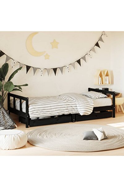 Concept Cadru de pat copii cu sertare, negru, 90x200 cm, lemn masiv pin