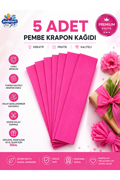 andelart Pembe Krapon Kağıdı 50x200 cm 5 Adet Pembe Grapon Kağıdı Okul Sınıf ...