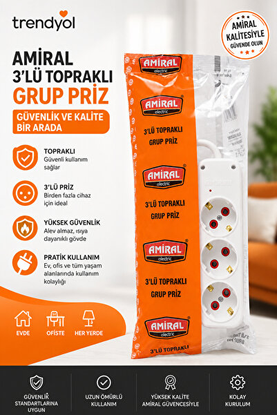 amiral 3,lü Topraklı Grup Priz 5 Metre Kablolu Üçyol