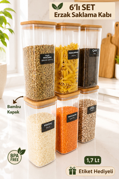 naturelove 6'lı Ahşap Vakumlu Kapak Erzak Saklama Kabı Seti - Mutfak Düzenley...