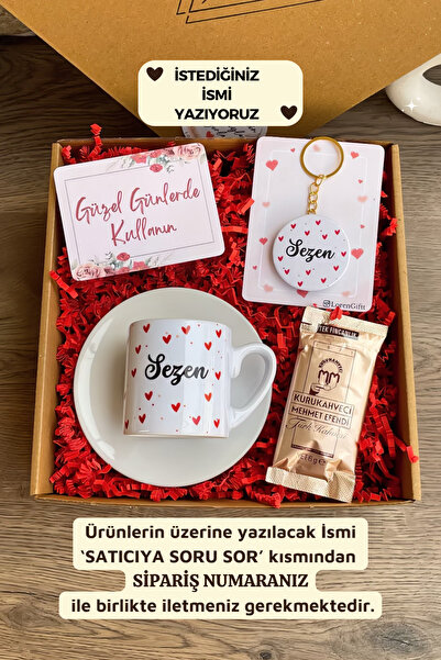 Loren Kırmızı Kalp Temalı Kişiye Özel İsimli Türk Kahvesi Fincanı & Anahtarlı...