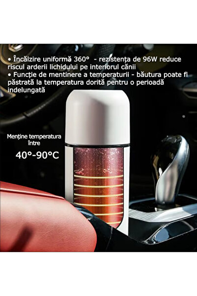 HYDER Cană Electrică Inteligenta +1 capsula cadou, max 100°C, Autoamestecare cu capsula magnetica, interior Inox, Afișaj Digital – 420 ml, 12/24V, Alb