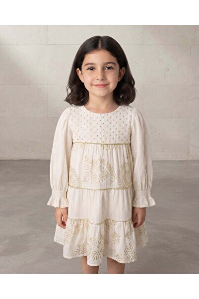 REDTAG Girls Cream Foil Tiered Dress