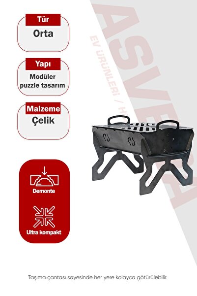 ASVERA Portatif Katlanabilir Kamp Mangalı - 20x20 cm Taşınabilir Çantada Barb...