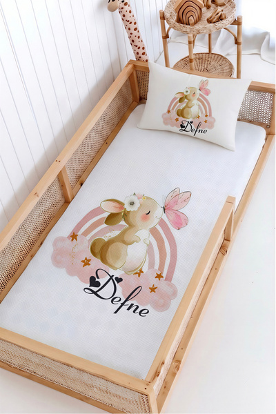 Lilabio %100 Pamuk İsme Özel Montessori Yatak Pike Seti 100x200 Gökkuşağı Bul...