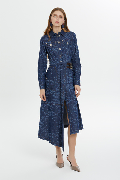 GİZİA Desenli Yırtmaçlı Denim Midi Elbise