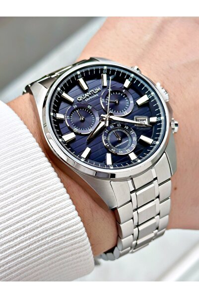 Quantum Functional Silver-Navy Blue Color Sapphire Glass Steel Band Steel Cas...